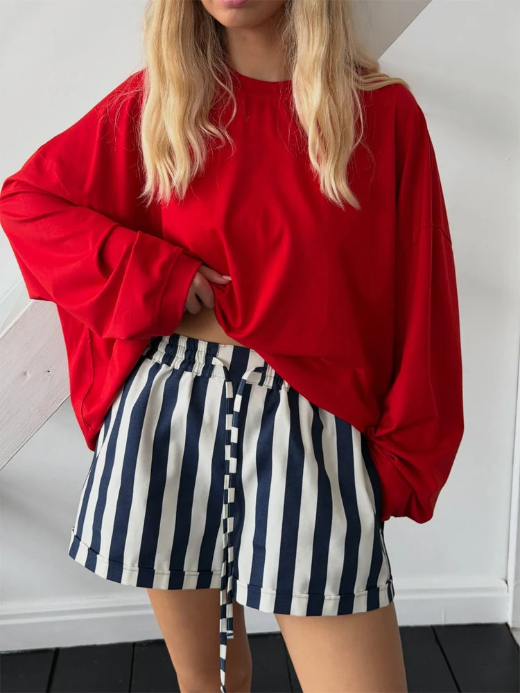 Red White Striped Balloon Pants Women's Elastic Waist Wide Leg Baggy Casual Trouser 2026 Summer New Streetwear Loose Fit Pants