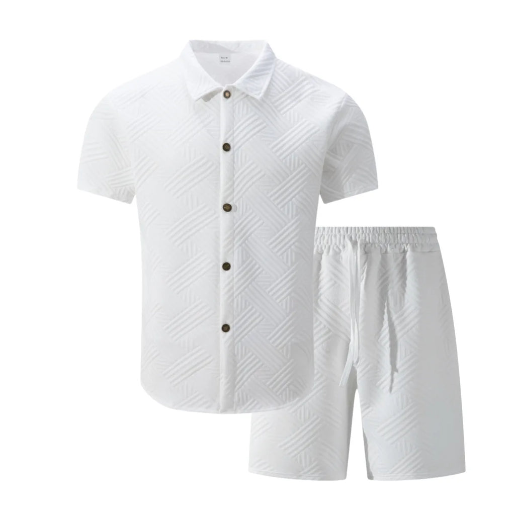 2026 Spring Summer Men Hot Sale Waffle Knit Solid Color Jacquard Lapel Cardigan Short Sleeve Shirt Shorts Casual 2 Piece Set