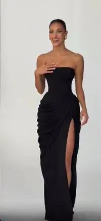 Women Sexy Solid Pleated Strapless Dress Lady Chic Off-shoulder Backless High Waist Split Dresses 2026 Summer Evening Party Gown