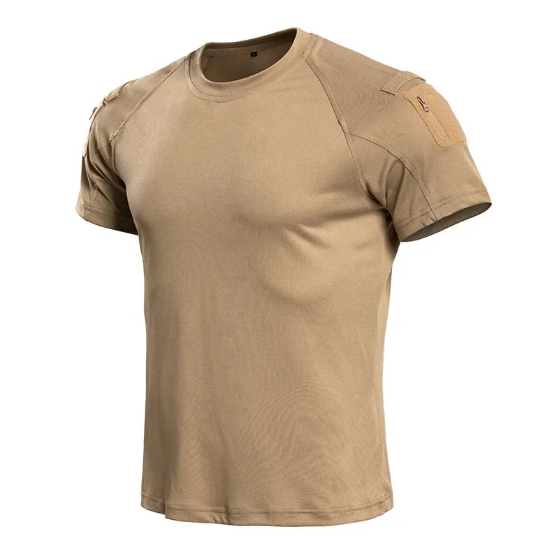 Men's Tactical T-Shirt Short Sleeve Quick Dry Breathable Lightweight Combat Tee with Shoulder Zip Pocket for Hiking Camping Tops
