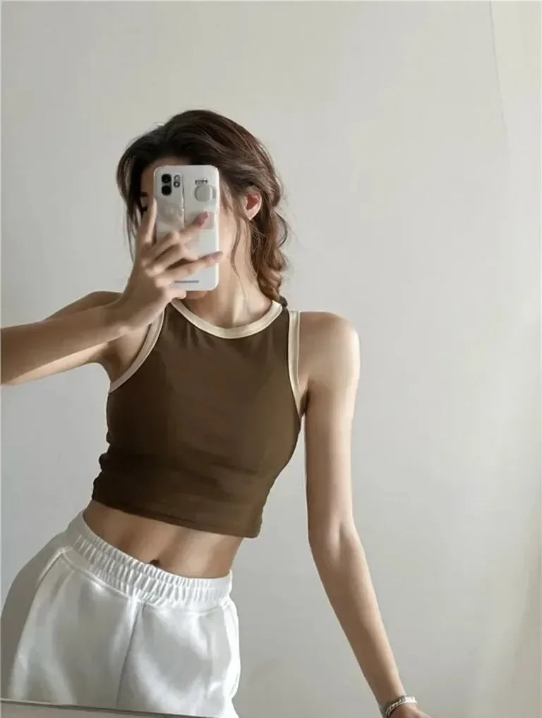 Spring Summer Color Block Sleeveless Vest Outerwear Pure Color Strap Innerwear Sports Top Base Shirt Beautiful Wrap Chest Women