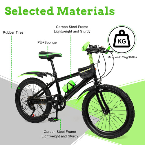 20 Inch Kids Bike Children Bicycle for Boys Girls Ages 8-12 Years Old, MTB Mountain Bike 7 Speed City Bike, GREEB/RED