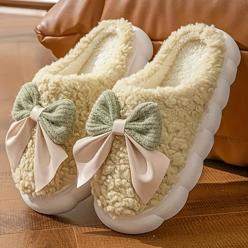 Women'S Bow Designed Fleece-Lined Slippers Soft Sole, Quiet Wear, All-Season Comfort, Ideal for Home Use, Perfect Christmas Gift