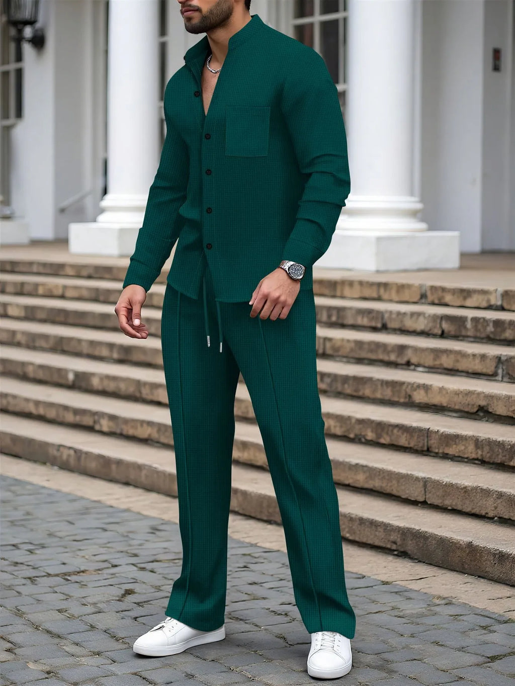 New autumn men's suit, waffle plain-colored long-sleevedshirt with pocket cardigan, stylish men's casual clothing long pants set
