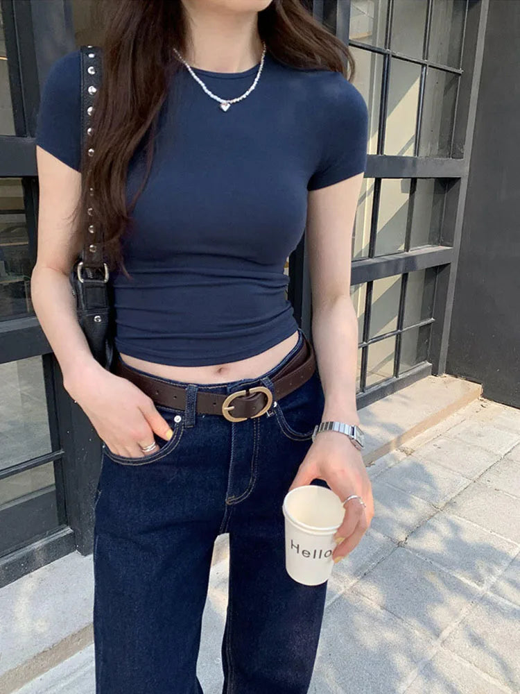American style spicy girl shoulder T-shirt for women in summer 2025, tight fitting and slimming short top, basic elastic short s