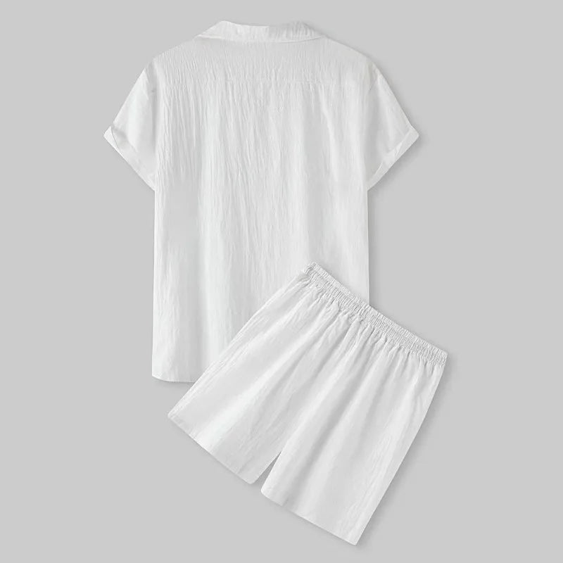 2025 New Summer Cotton Shorts Sets Men Lapel Short Sleeve Shirts Shorts 2-piece Set Men's Casual Sportswear Suit Solid Loose