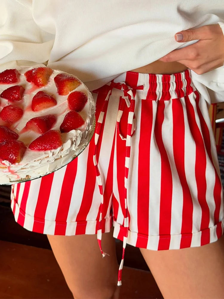 Red White Striped Balloon Pants Women's Elastic Waist Wide Leg Baggy Casual Trouser 2026 Summer New Streetwear Loose Fit Pants