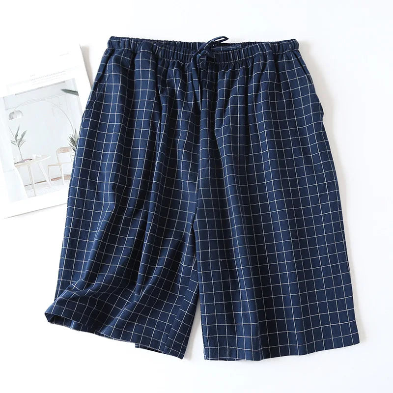New 2026 Men's Sleepwear Pajama Shorts Plaid Design 100% Cotton Casual Loose Double-layer Homewear Sleep Bottoms Male Home Pants