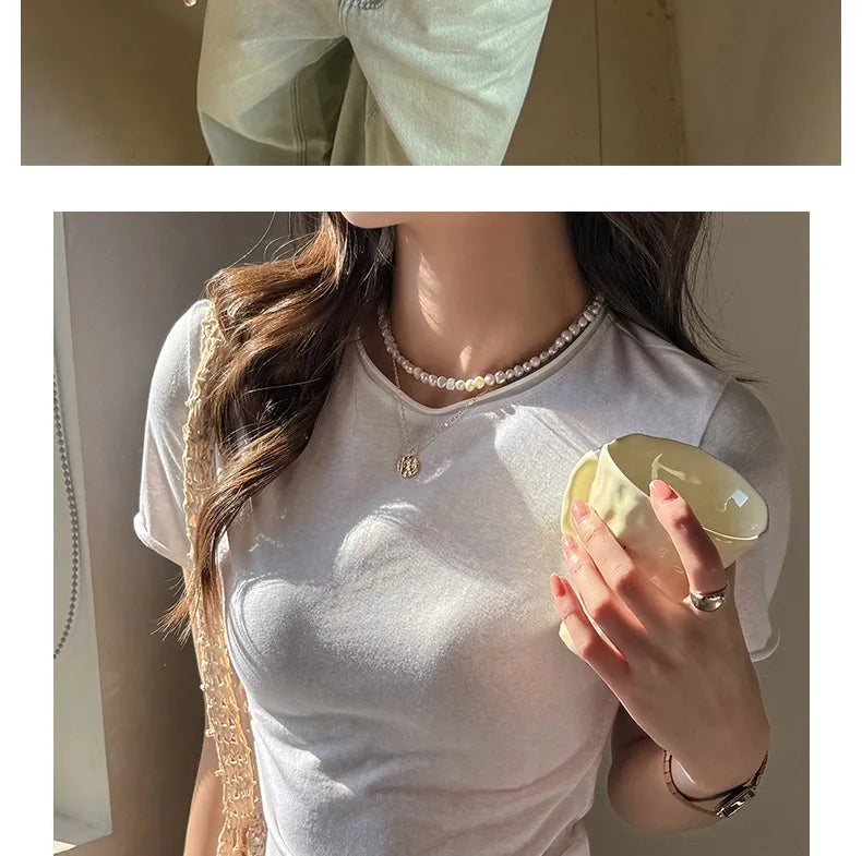 Solid Color Slim Fit Short Sleeve T Shirt for Women Summer New Cotton Blended Basic Tees Woman Thin Breathable Crew Neck T-shirt