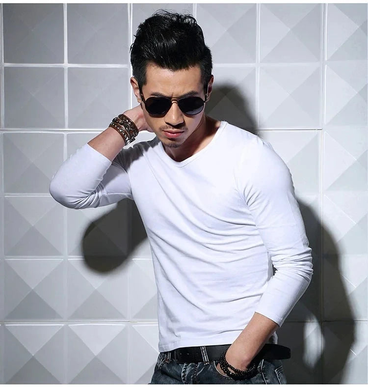 Men's Long Sleeve V Neck T Shirt 2026 MRMT Men T-shirt Slim Solid Tight Man T Shirt Tops Tees Clothing