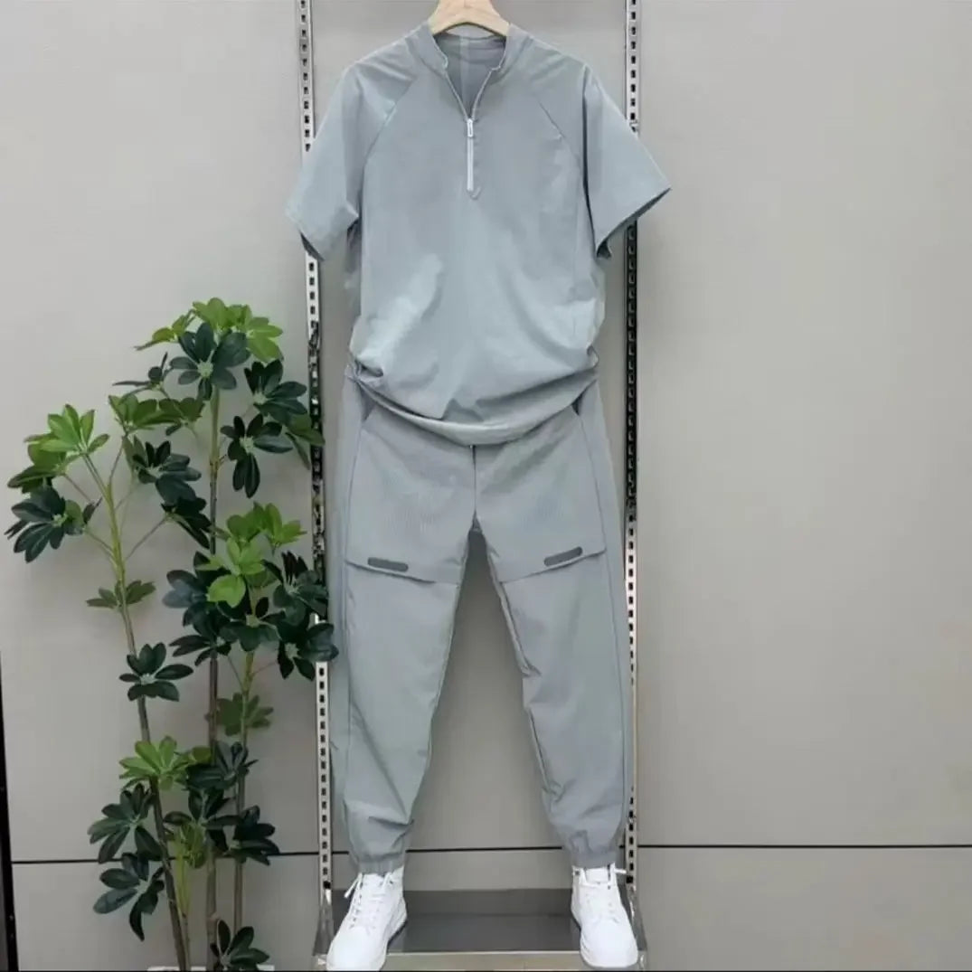 New Men 2 Piece Set Half Zip Stand Collar Loose Quick Dry Breathable Short Sleeve T Shirt Sports Pants Casual Tracksuit