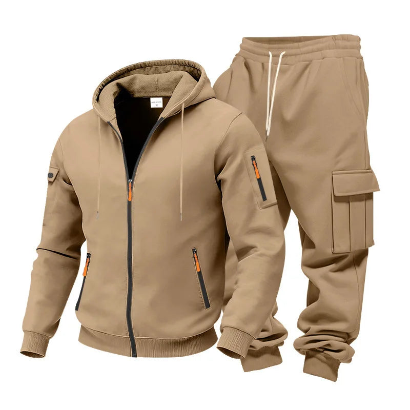 Men's Full Zip Hooded Tracksuit 2 Piece Set Casual Cargo Pocket Jogger Suit Outdoor Sports Hoodie And Pants Set