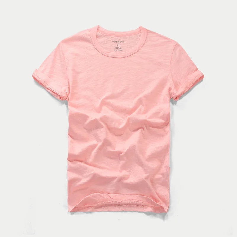 3018 Summer Fashion Short Sleeve Thin T-shirt Solid Color Simple Classic Soft Cozy Round Neck Slub Cotton Men's Casual Tops Tees