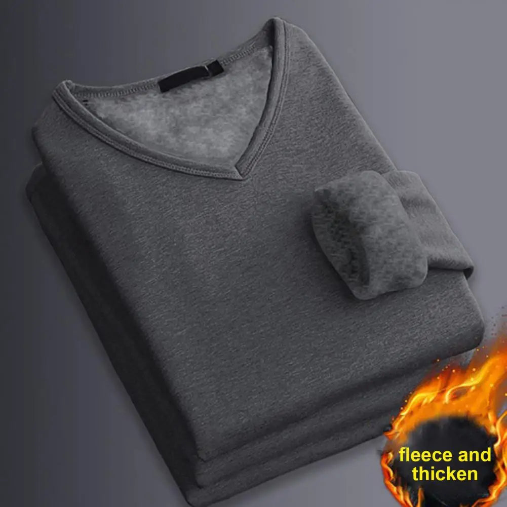 Winter Men Top V Neck Velvet Lined Warm T-shirt Long Sleeve Soft Pullover Casual Men Base Top Plus Size Men Bottoming T-shirt