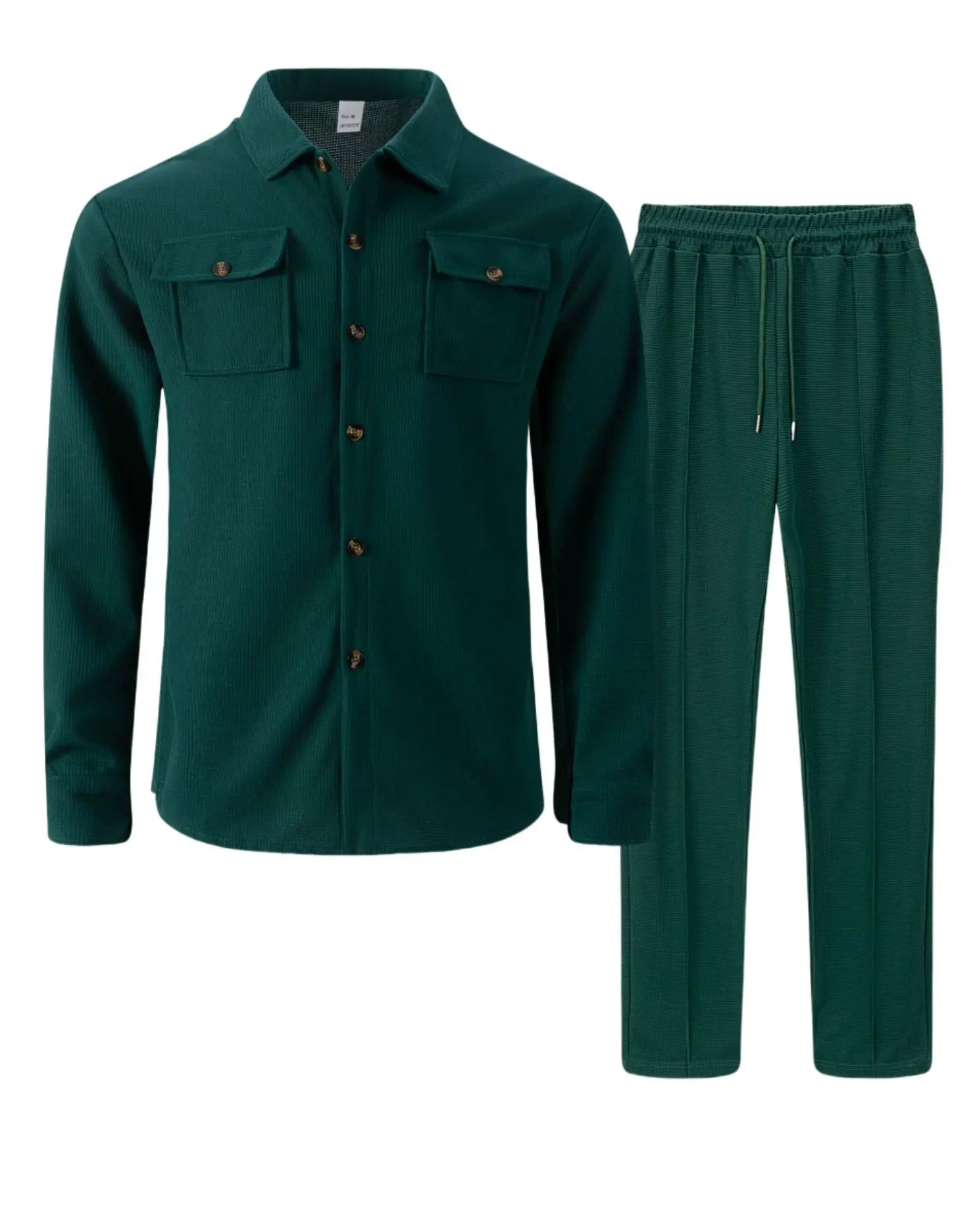Men's casual two-piece waffle texture suit (including button-down top and elastic waist pants) - fashionable street casual sport