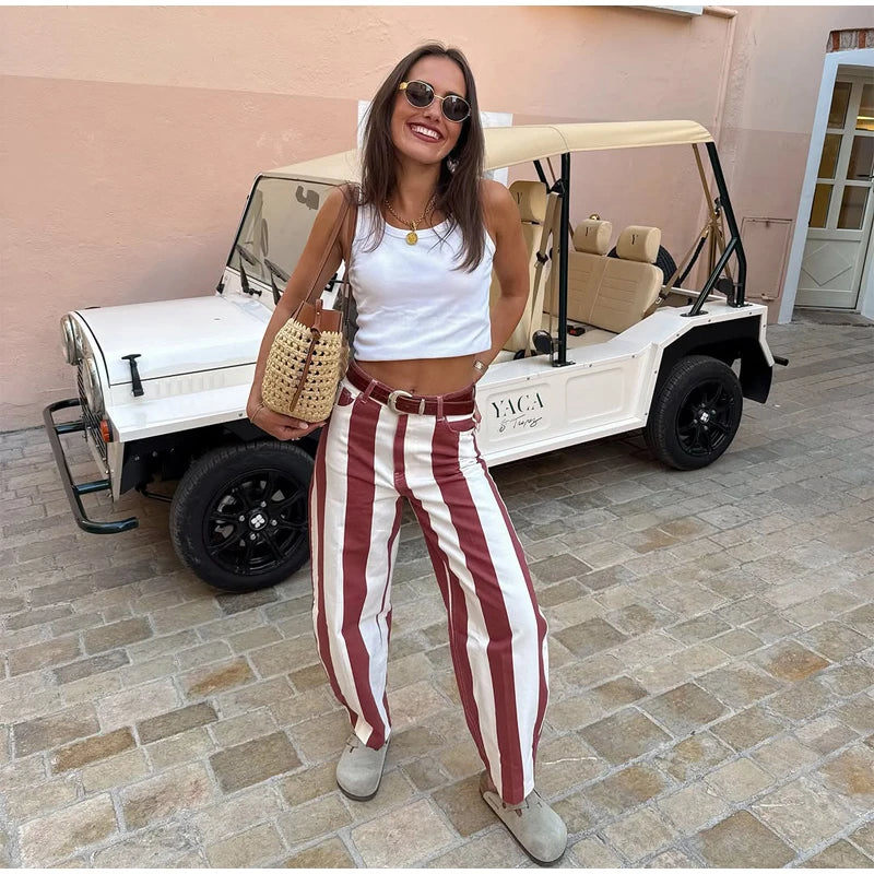 Red White Striped Balloon Pants Women's Elastic Waist Wide Leg Baggy Casual Trouser 2026 Summer New Streetwear Loose Fit Pants