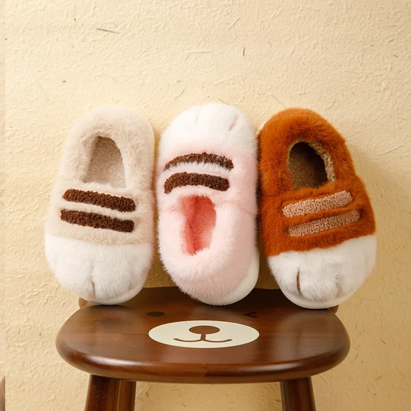 New fuzzy black cat shoes hook loop winter slippers for women indoor mary jane plush shoes mom shallow warm kitty slippers woman