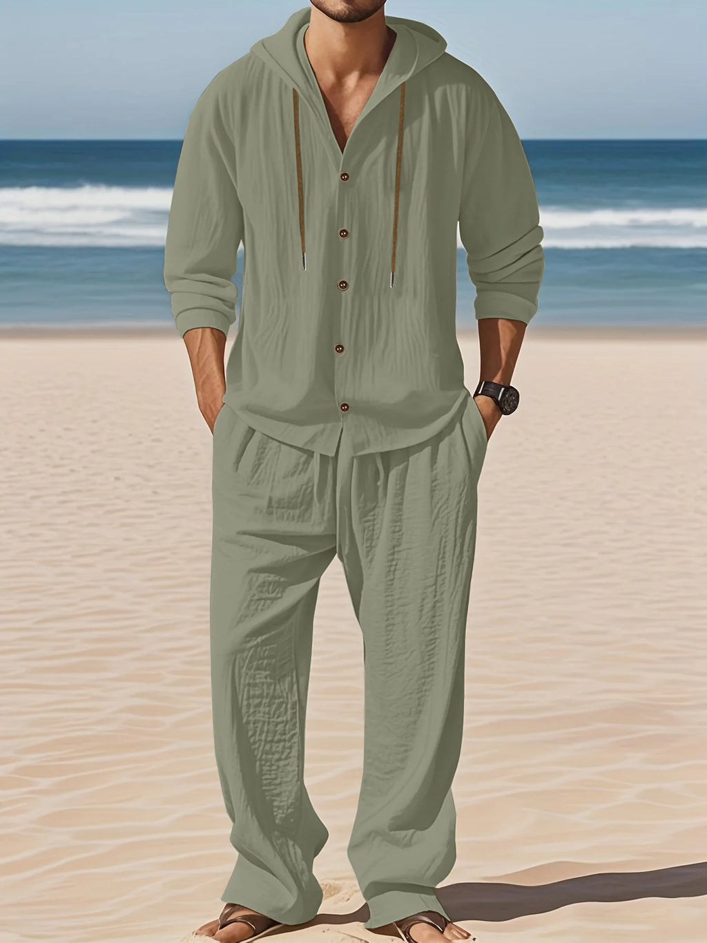 Men's Linen Long-Sleeved Shirt And Pants Set Breathable Outdoor Leisure Hiking Beach Sports Clothing for Spring Summer Autumn