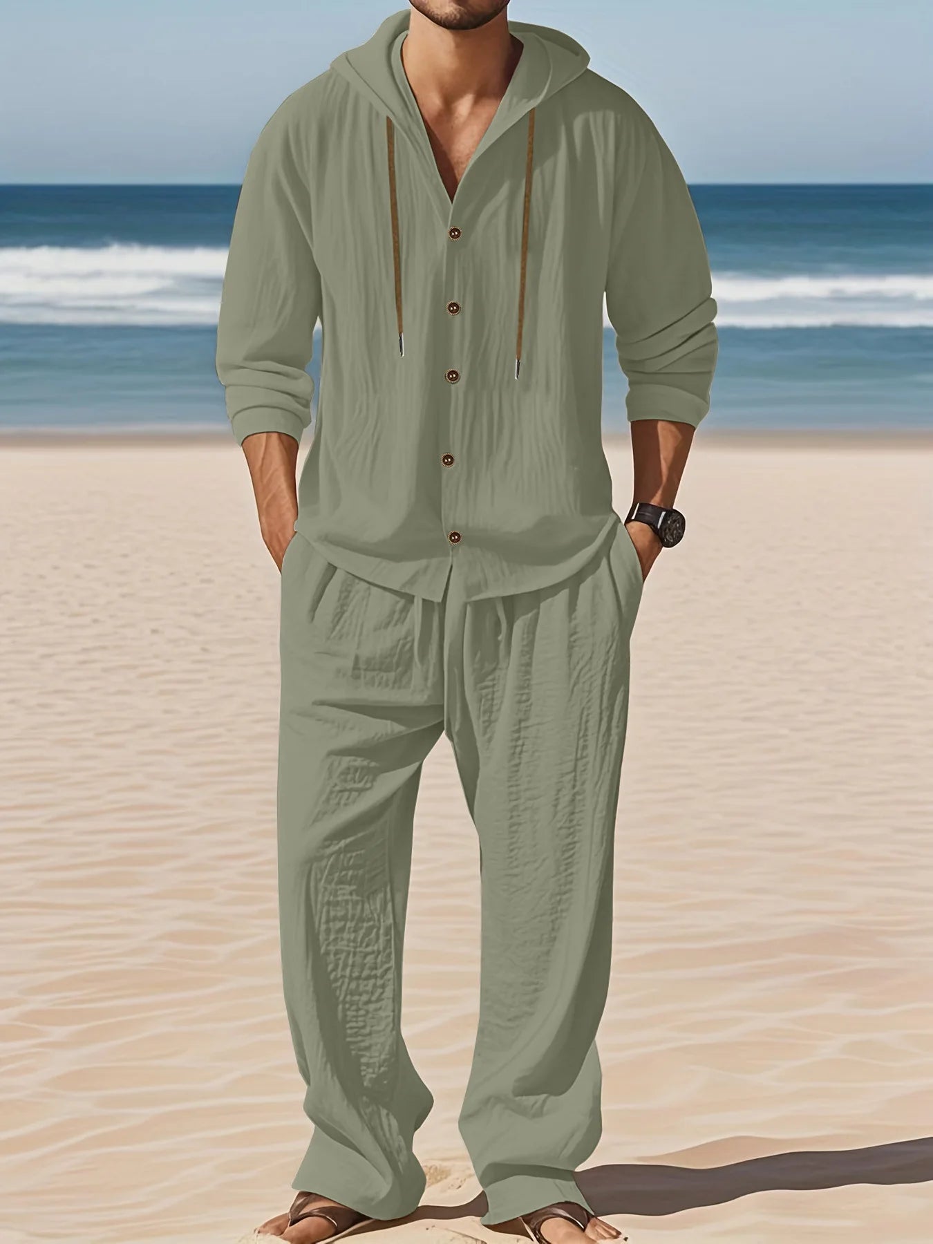 Men's Linen Long-Sleeved Shirt And Pants Set Breathable Outdoor Leisure Hiking Beach Sports Clothing for Spring Summer Autumn