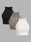 3 pieces summer Women Tank Tops Thread Solid Casual Fashion Crop Top   Stripe Sleeveless Outer Wear Basic Camisole