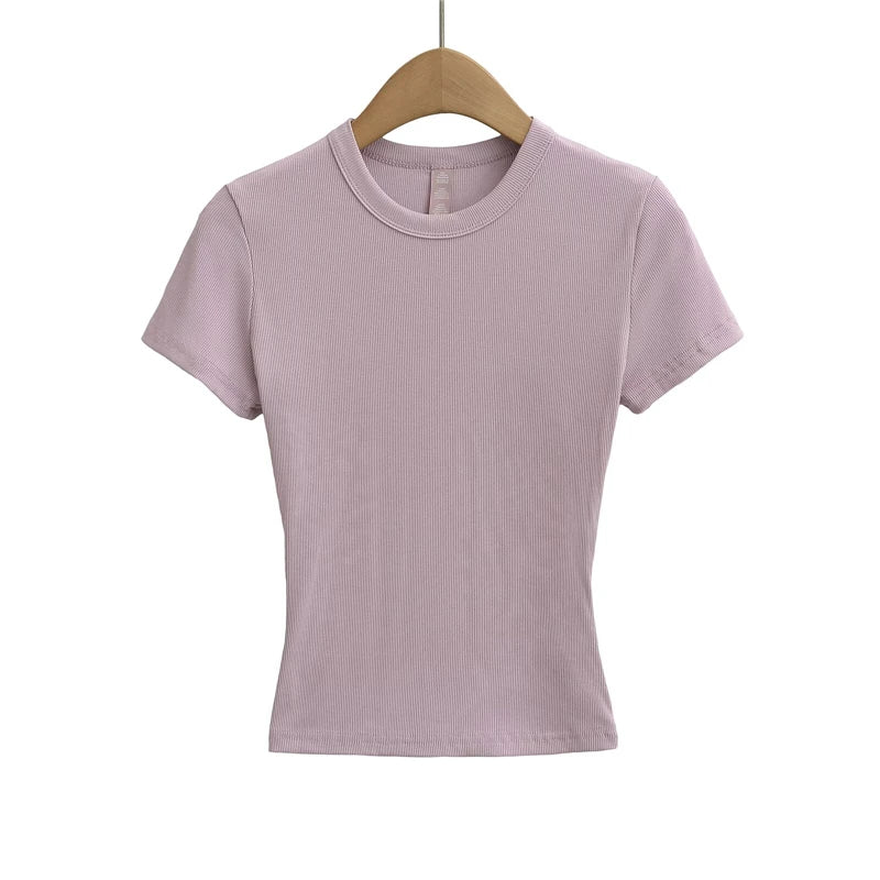 LUNDUNSHIJIA 2025 Summer Sexy Women Basic Small O-neck Short Sleeve T-shirt Ladies Slim Elasticity Cotton Short Style Tee Tops