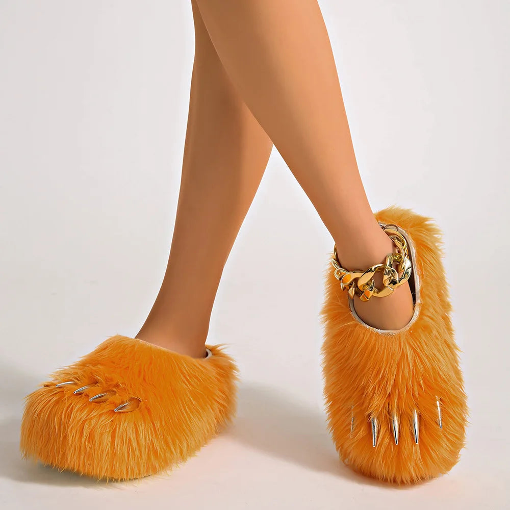 Ins Claw Slippers Adults Winter Flip Flops Warm Fur Slides Fluffy Fuzzy House Shoes Unisex Animal Claw Slippers