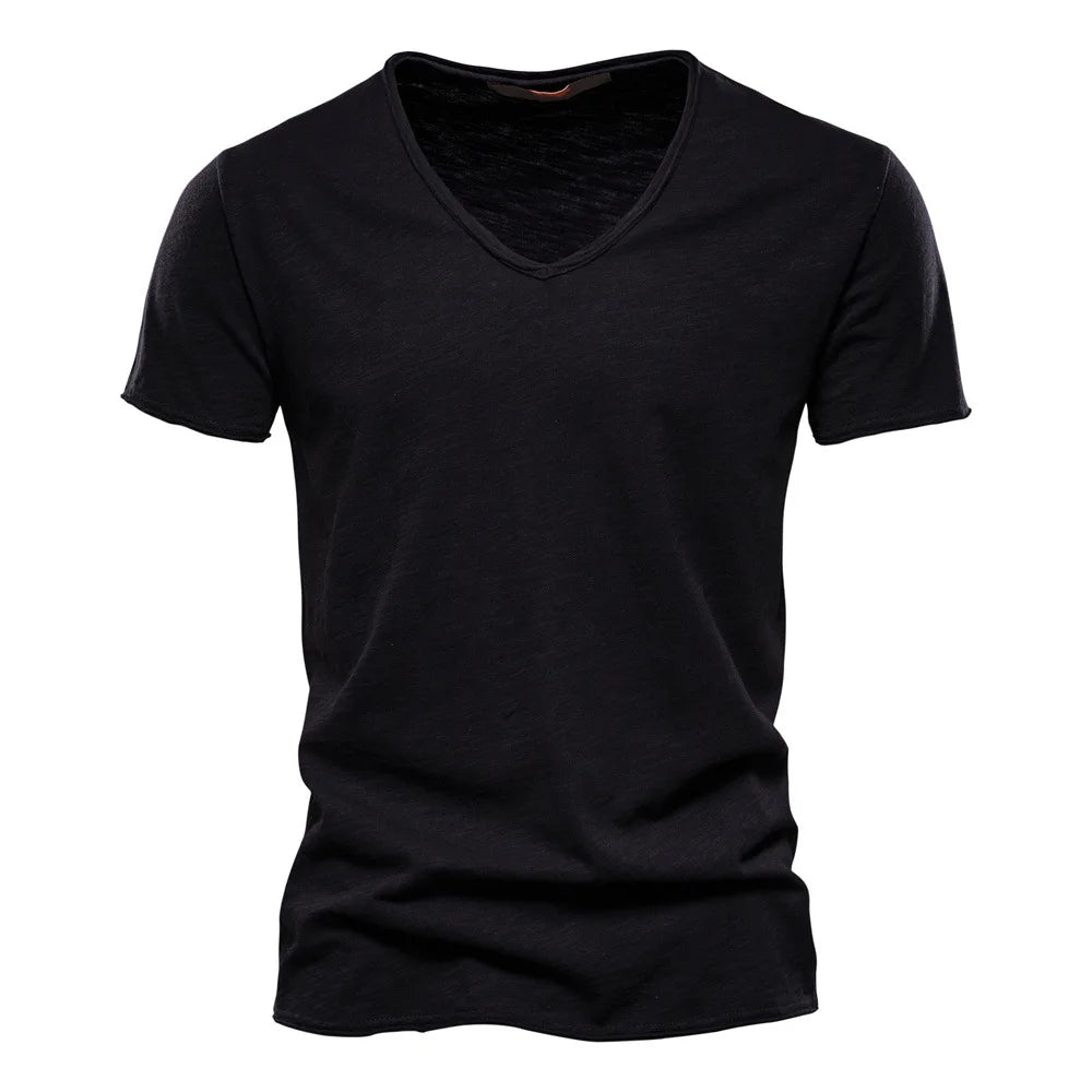 S-5XL 100% Cotton Men's T-Shirts Fashion Design V-neck Casual Slim Fit Basic Solid Summer T Shirt For Men-F037