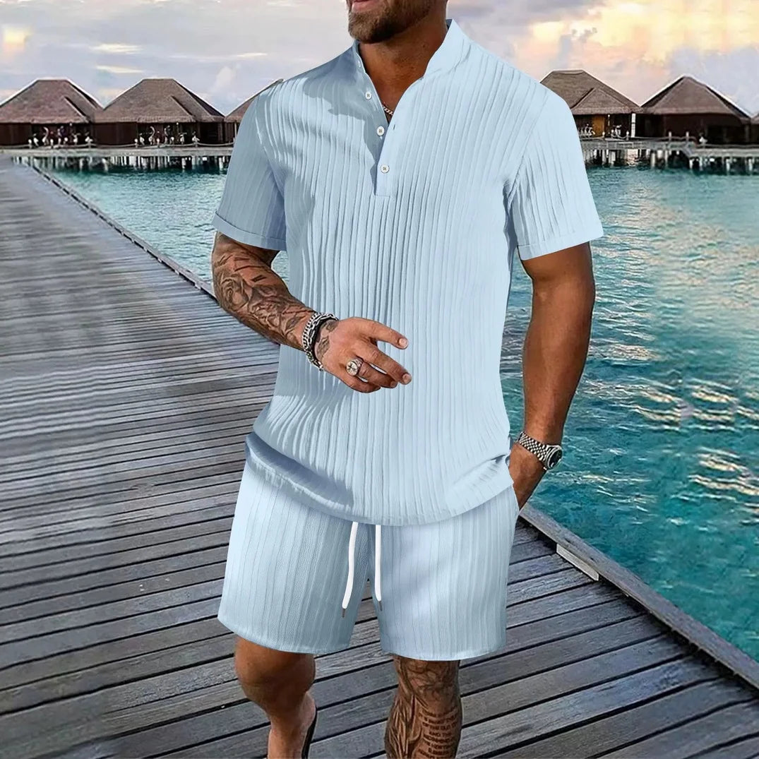 Men's summer loose-fitting shirts, casual loose-fitting short-sleeved breathable shorts, beachwear, simple and fashionable style