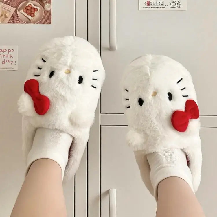 Cute Hello Kitty Anime Women Plush Slippers Sanrio Kawaii Cotton Shoes Student Winter Bedroom Soft Shoes Girls Festival Gifts