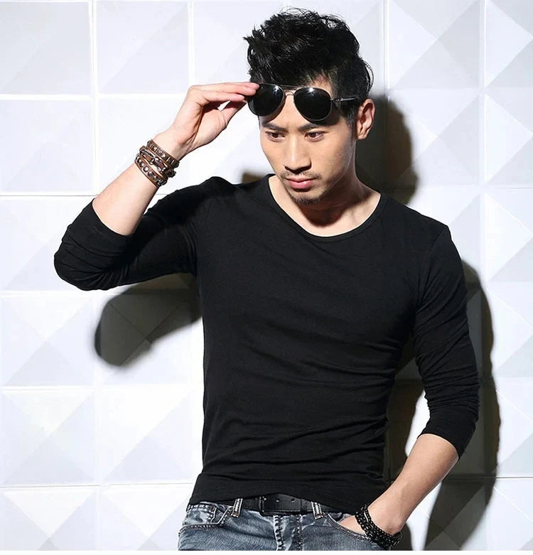 Men's Long Sleeve V Neck T Shirt 2026 MRMT Men T-shirt Slim Solid Tight Man T Shirt Tops Tees Clothing