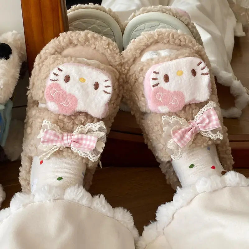 Sanrio Hello Kitty Adult Cotton Slippers Y2K Kawaii Cartoon Winter Indoor Open Toe Anti-Slip Slipper Comfortable Warm Shoes New