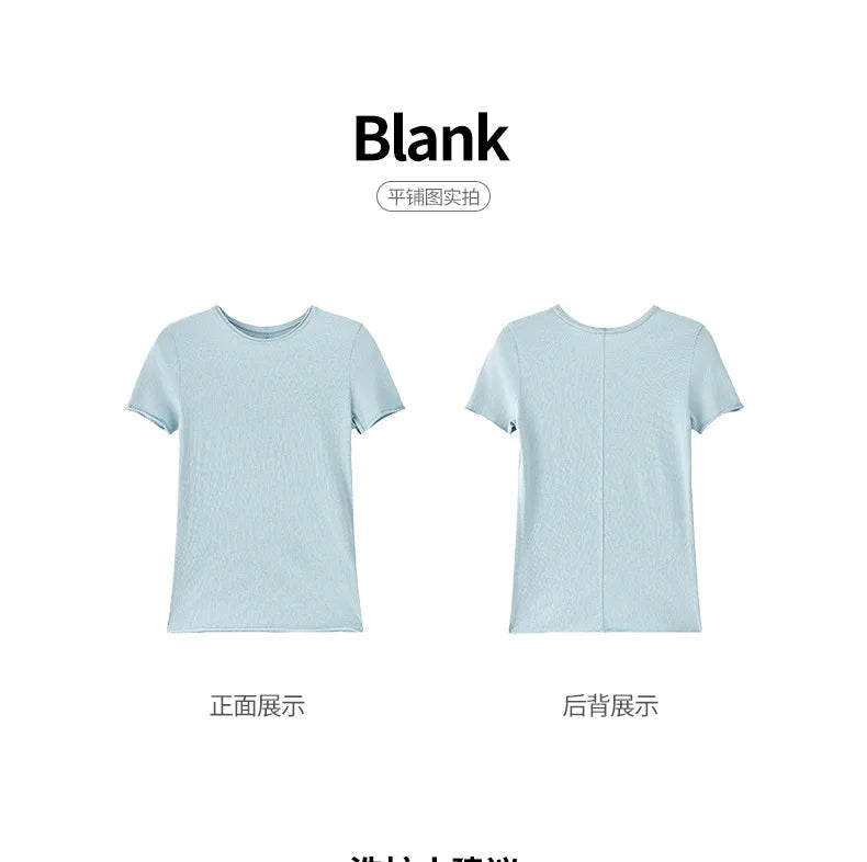 Solid Color Slim Fit Short Sleeve T Shirt for Women Summer New Cotton Blended Basic Tees Woman Thin Breathable Crew Neck T-shirt