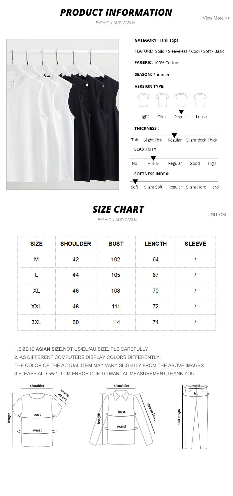 Summer Basic 100% Cotton Men Tank Tops Black White Gray