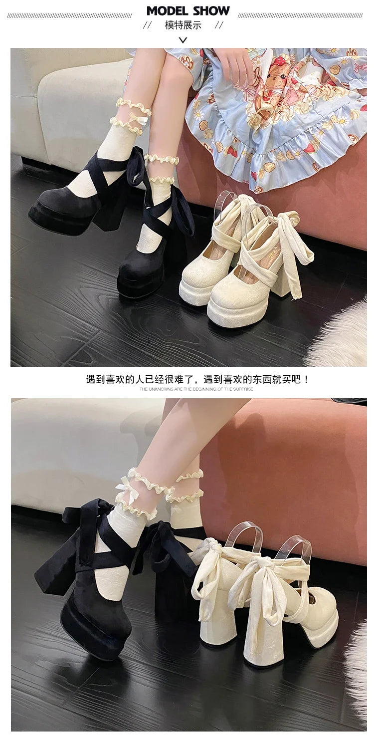 Platform Mary Janes Shoes Women Suede Luxury High Heel Lace Up Trend Lolita Shoes Elegant Chunky Party Pumps Sandalias Muje