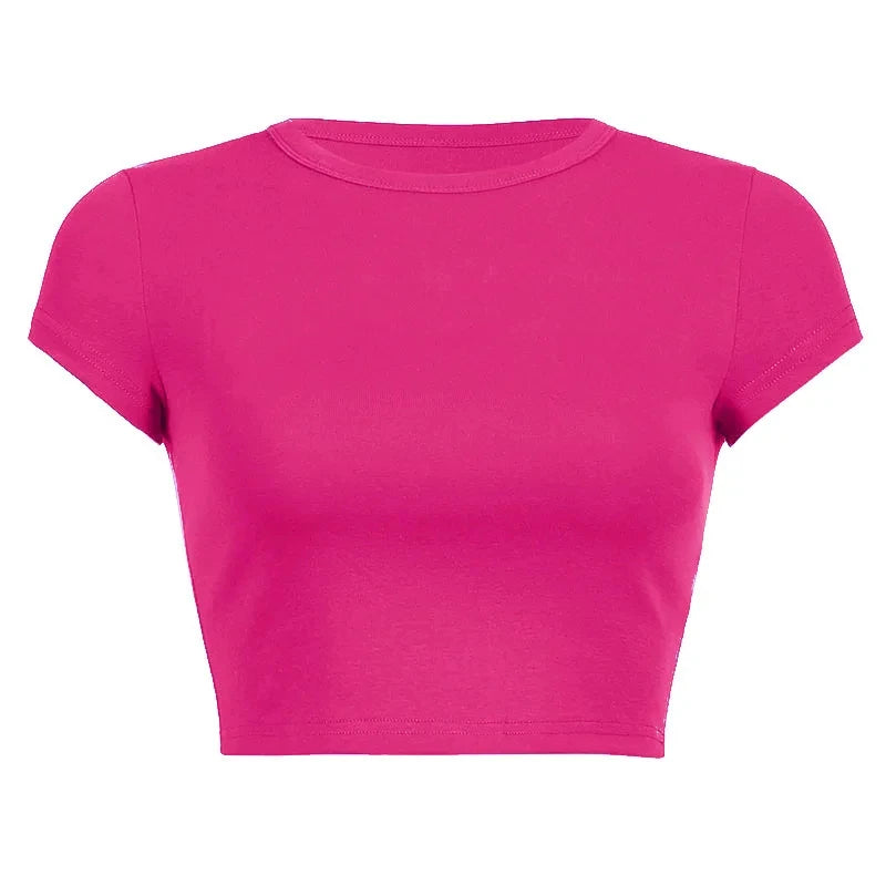 Summer Casual Short Sleeve Basic O Neck Solid Color Cropped Navel Women Crop Tops Soft Bodycon Fashion Tees Blouse