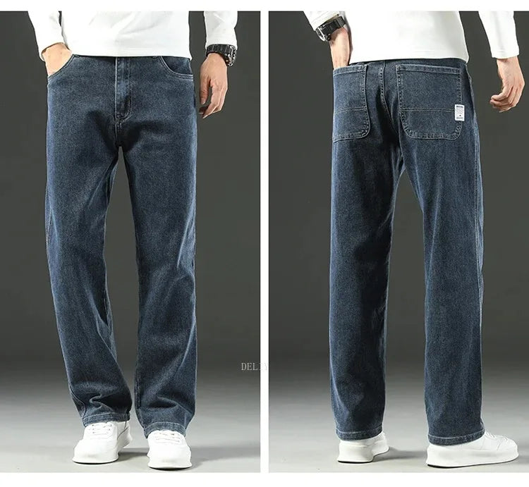 Autumn Winter  Brand New High Waist Jeans Classic Business Casual Office Men's Fashion Stretch Slim Denim Jeans Navy Blue