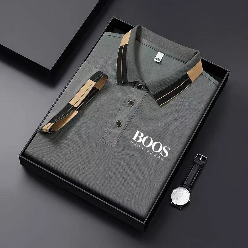 Men'S New Embroidered Short Sleeved Striped Grid Polo Shirt, Business Casual Fashionable Breathable Clothing, Youthful Fashion,