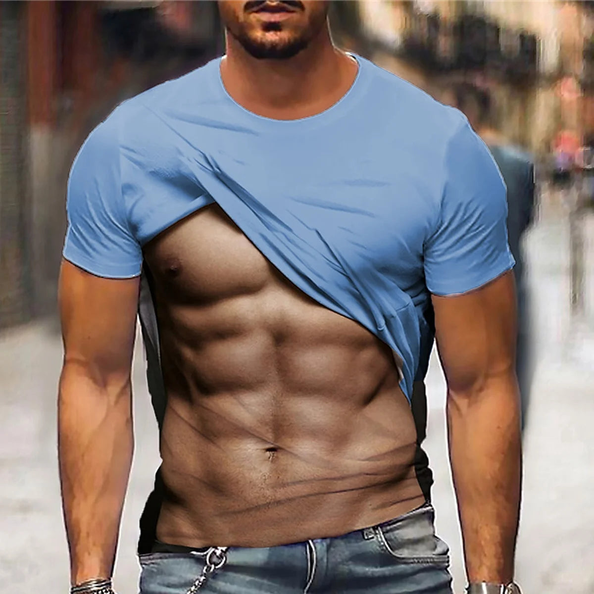 Men's Muscle Graphic T shirt Funny 3D Fake Abs Print Short Sleeve T-shirt For Men Outdoor Fitness Running Sports Casual Tees Top