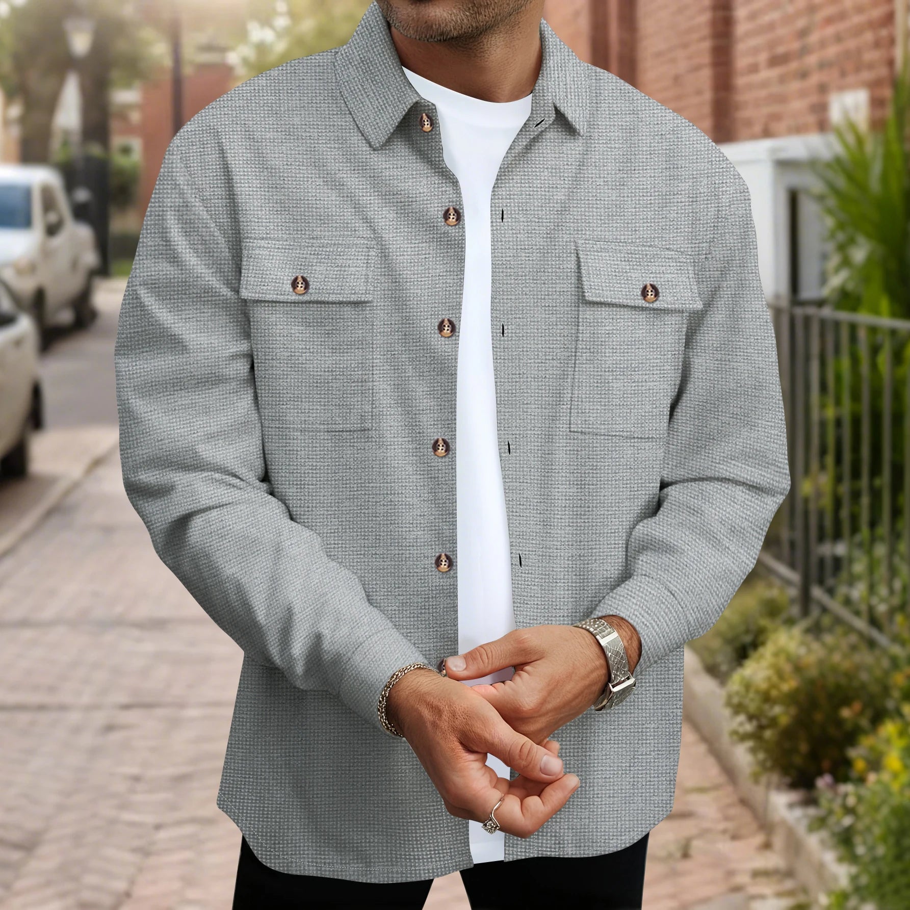 Men's Waffle Knit Button Down Shirt - Casual Long Sleeve Turn Down Collar Chest Pocket Work Shirt