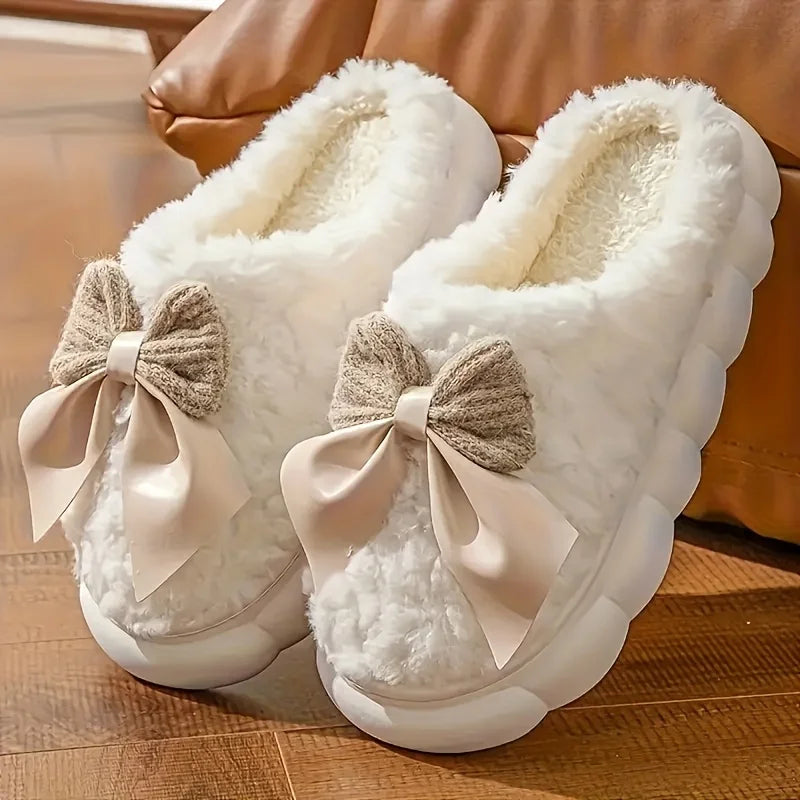 Women'S Bow Designed Fleece-Lined Slippers Soft Sole, Quiet Wear, All-Season Comfort, Ideal for Home Use, Perfect Christmas Gift