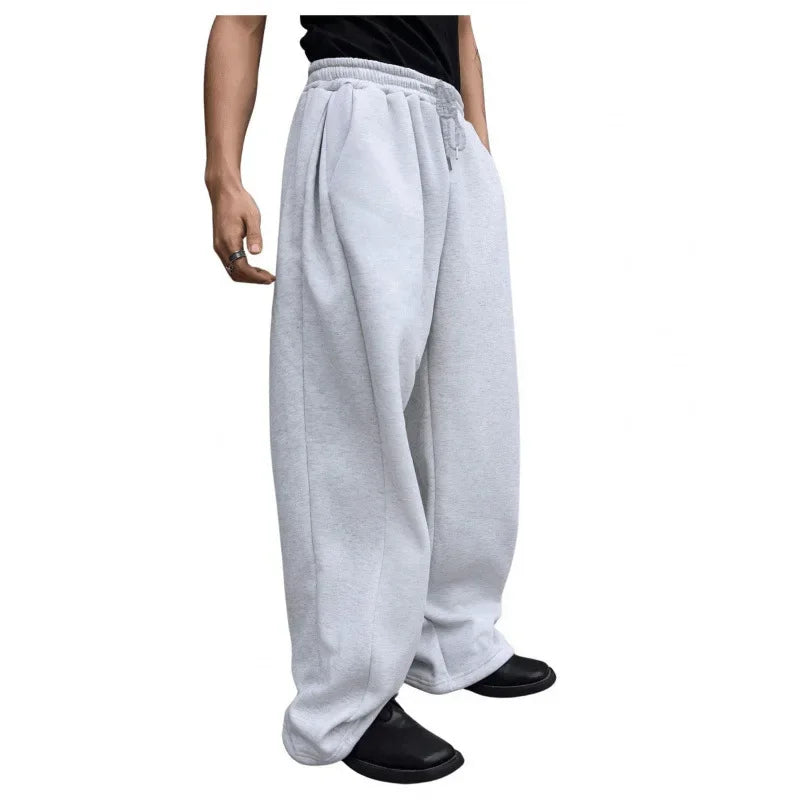 Men's Solid Color Sanitary Winter Pants 2025 Drawstring Waist Straight Wide Leg Loose Fit with Pockets Versatile Sports Trousers