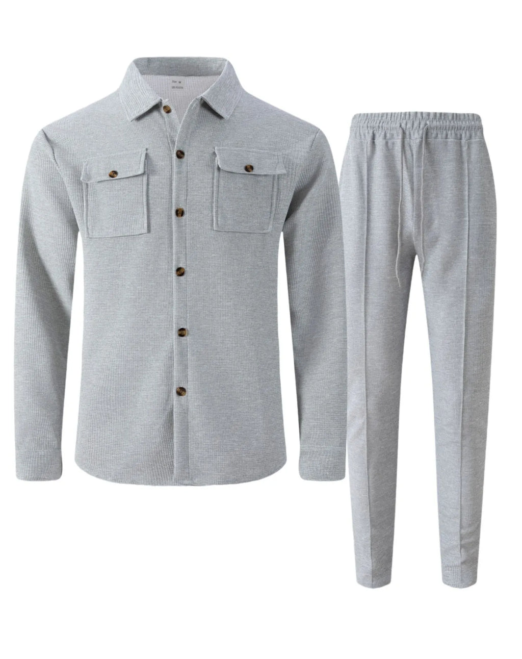 New autumn style waffle long-sleeved solid-color double-pocket buttoned cardigan shirt and pants set