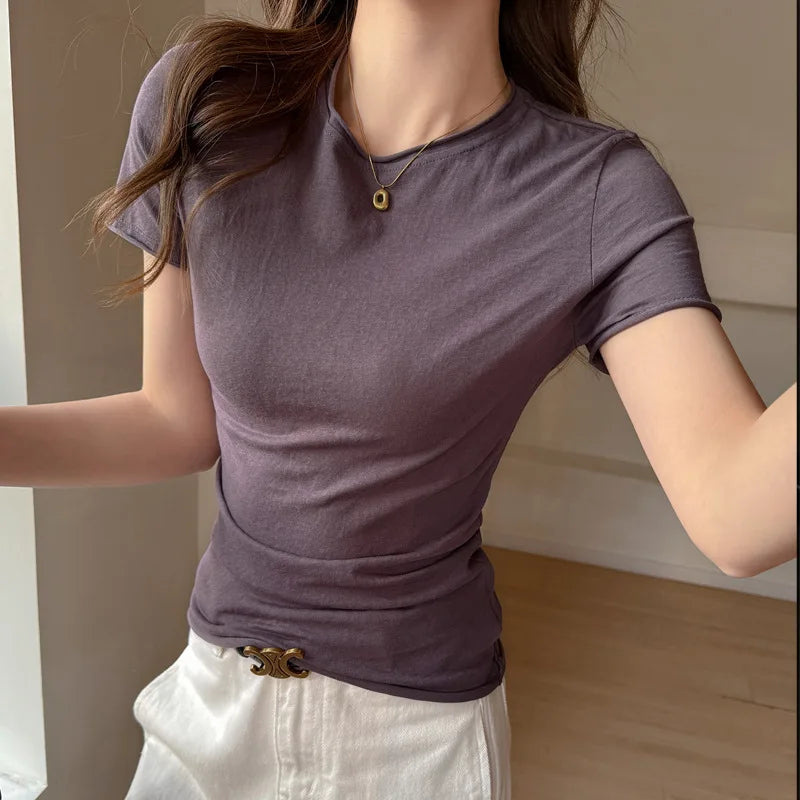 Solid Color Slim Fit Short Sleeve T Shirt for Women Summer New Cotton Blended Basic Tees Woman Thin Breathable Crew Neck T-shirt