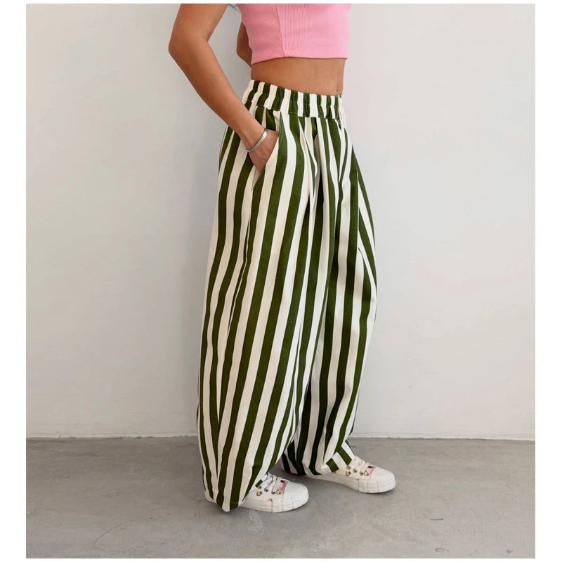Red White Striped Balloon Pants Women's Elastic Waist Wide Leg Baggy Casual Trouser 2026 Summer New Streetwear Loose Fit Pants