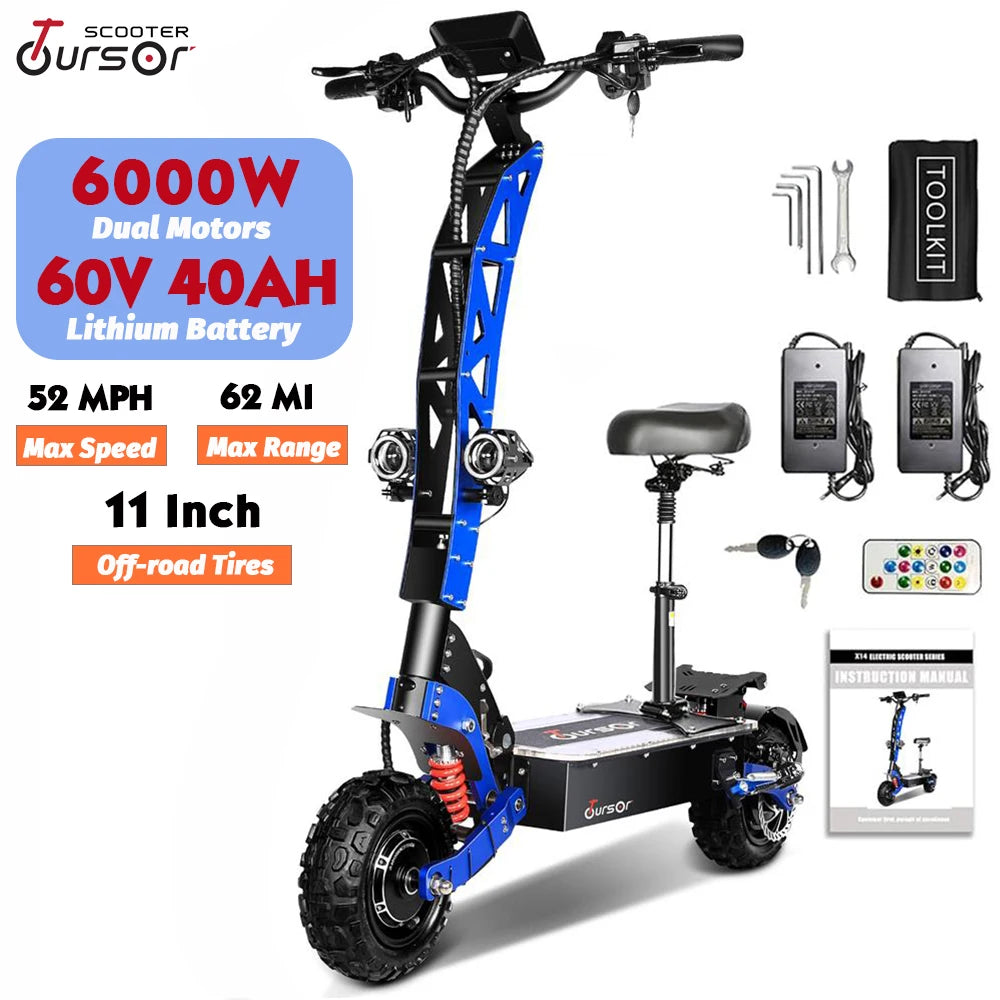 Motor 60V 40AH Electric Scooter 11 Inch Off-Road Tyres with Seat Max Speed 85-90km/hLCD Display Foldable Escooter