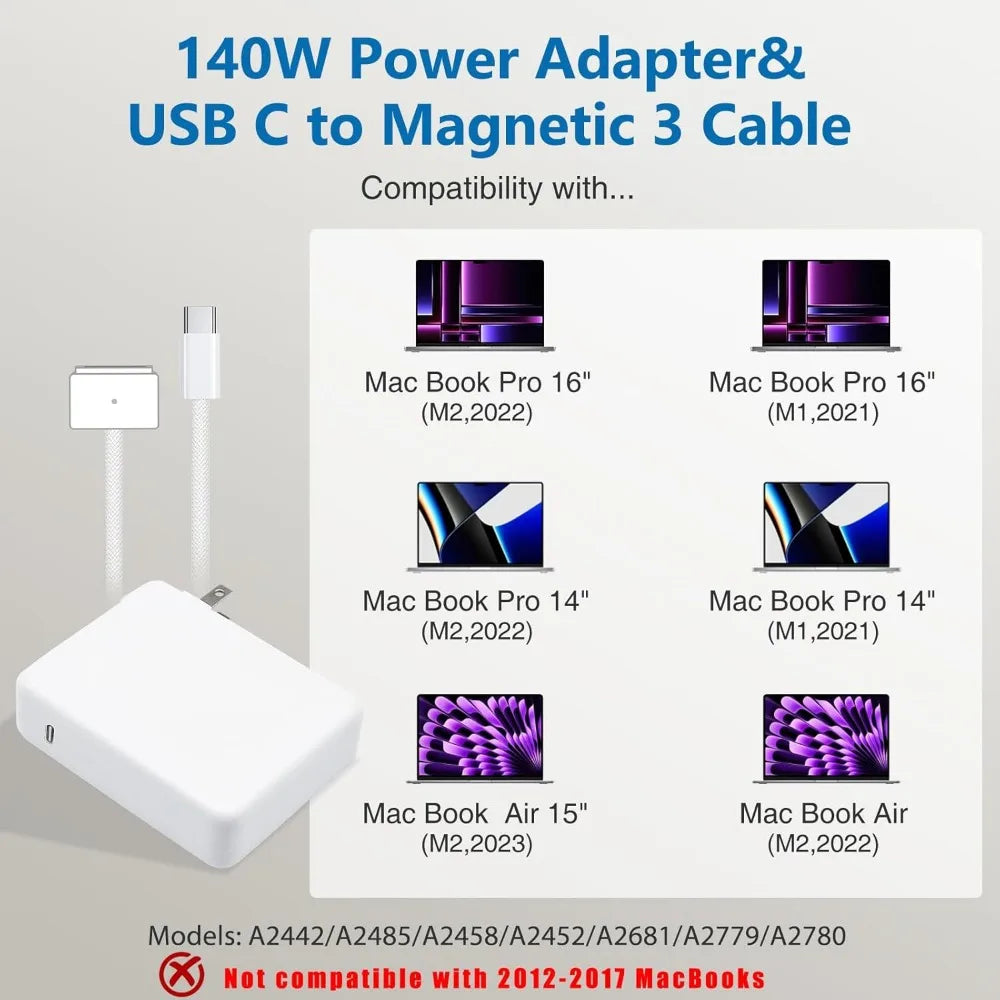 140W USB C to Magnetic 3 Cable, Charger for Mac Book Pro 16,15,14,13 inch,2021-2023 M1 M2 Mac Book Air Laptop Power Adapter