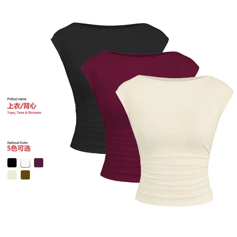 Sleeveless Pleated Tanks T-shirts Women Solid Vintage Crop Tops Sexy Kpop Tees Tshirts Gothic Harajuku Cheap Clothes Woman