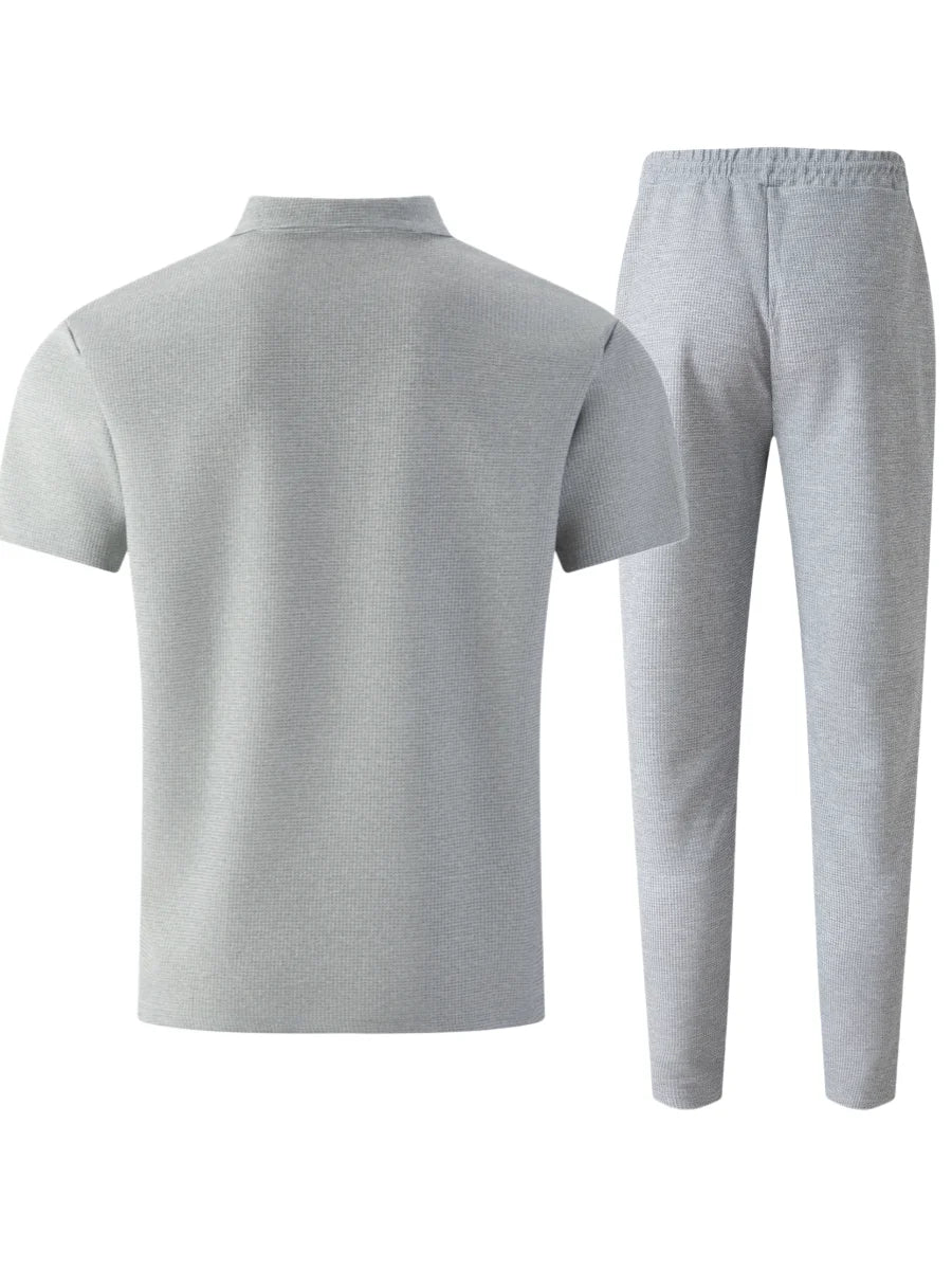 Summer New Men's Waffle Casual Tracksuit, Lapel Collar Double Pocket Solid Polo Shirt and Long Pants Set