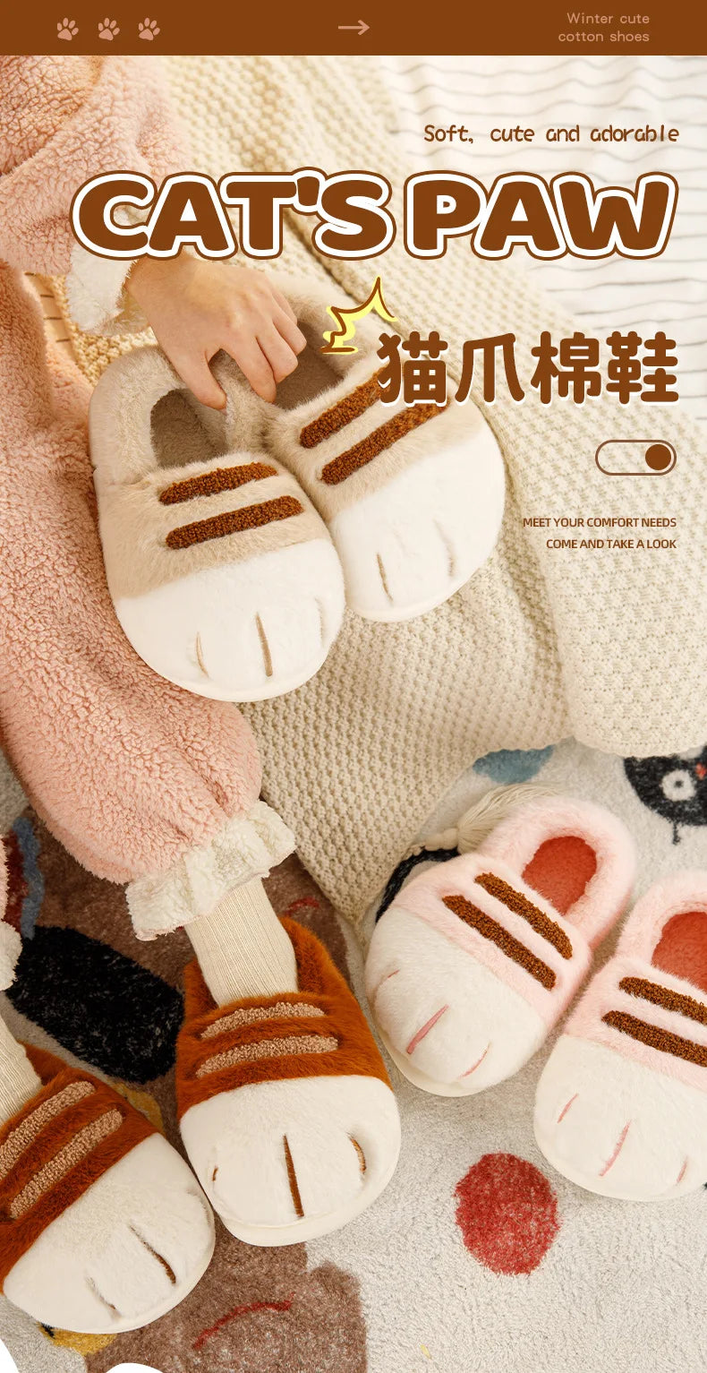 Newest cat paw feet slippers woman fluffy closed heel home shoes for women winter warm slip on animal claw slipper furry loafer
