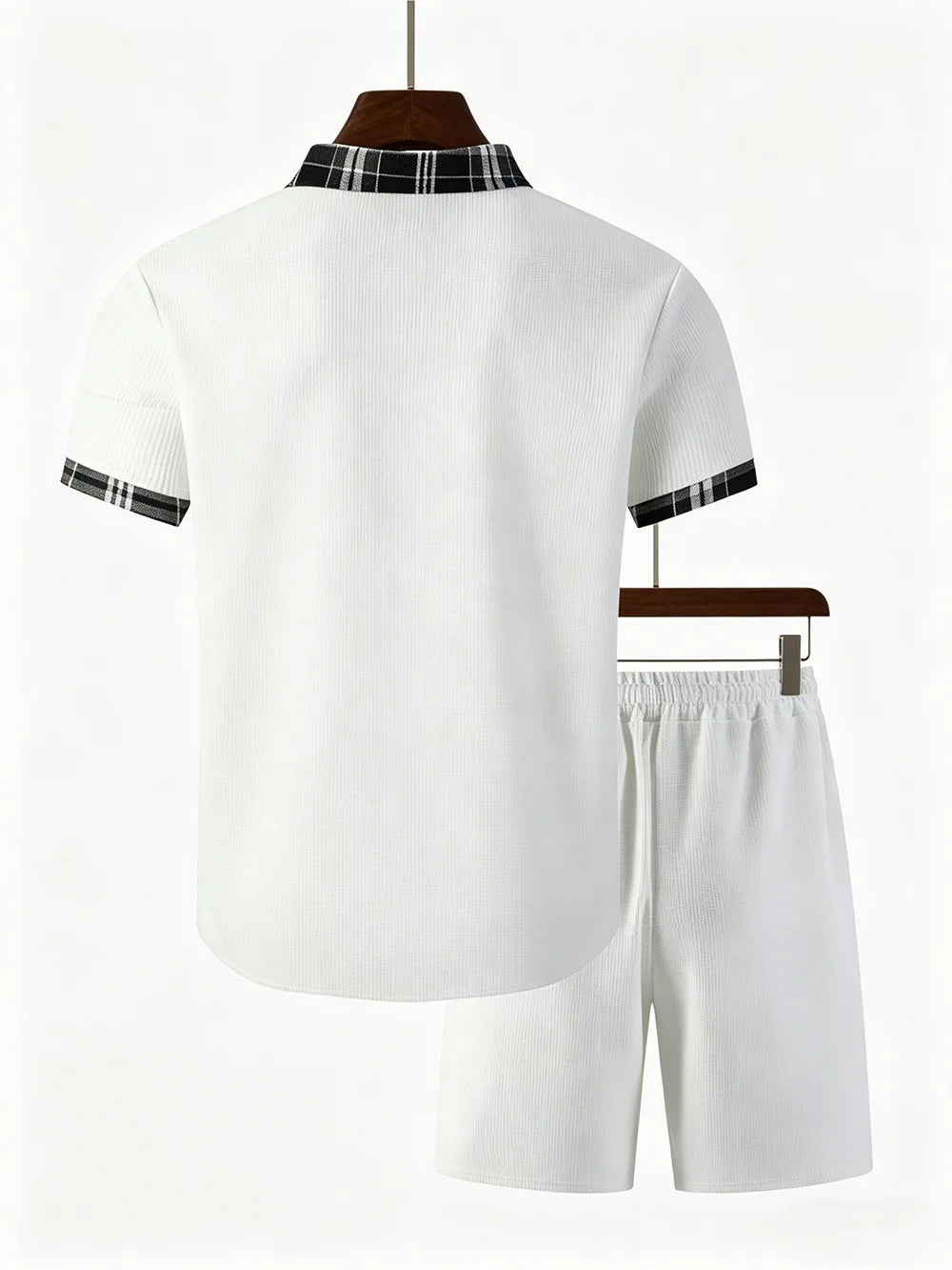 Summer New Waffle Set, Men's Plaid Spliced Short-Sleeve Shirt & Shorts, Casual Two-Piece Outfit F156D